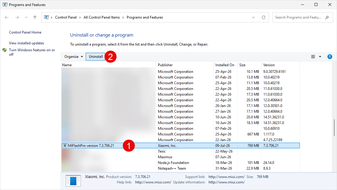 Program Features MiFlashPro Uninstall
